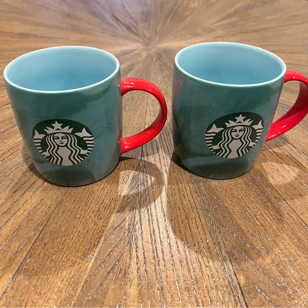 Set Of 2 - Starbucks 2024 Holiday Green Blue Marbled Coffee Cup Mug 11 Oz